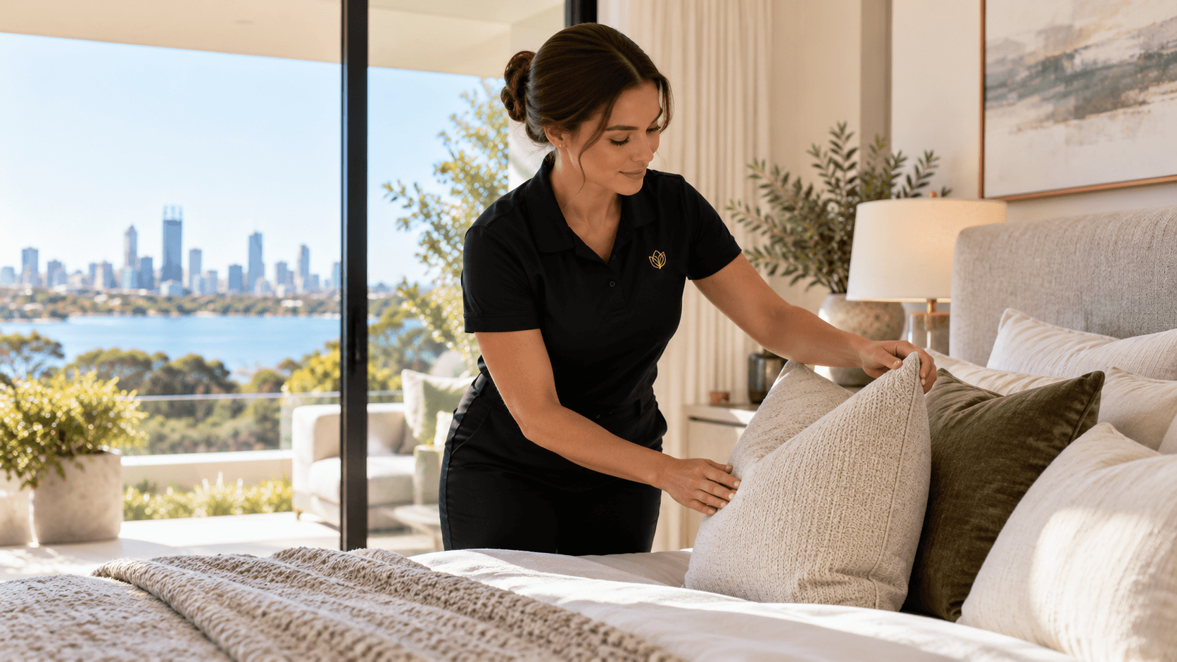 A cleaner arranging cushions on a freshly made bed in a bright bedroom