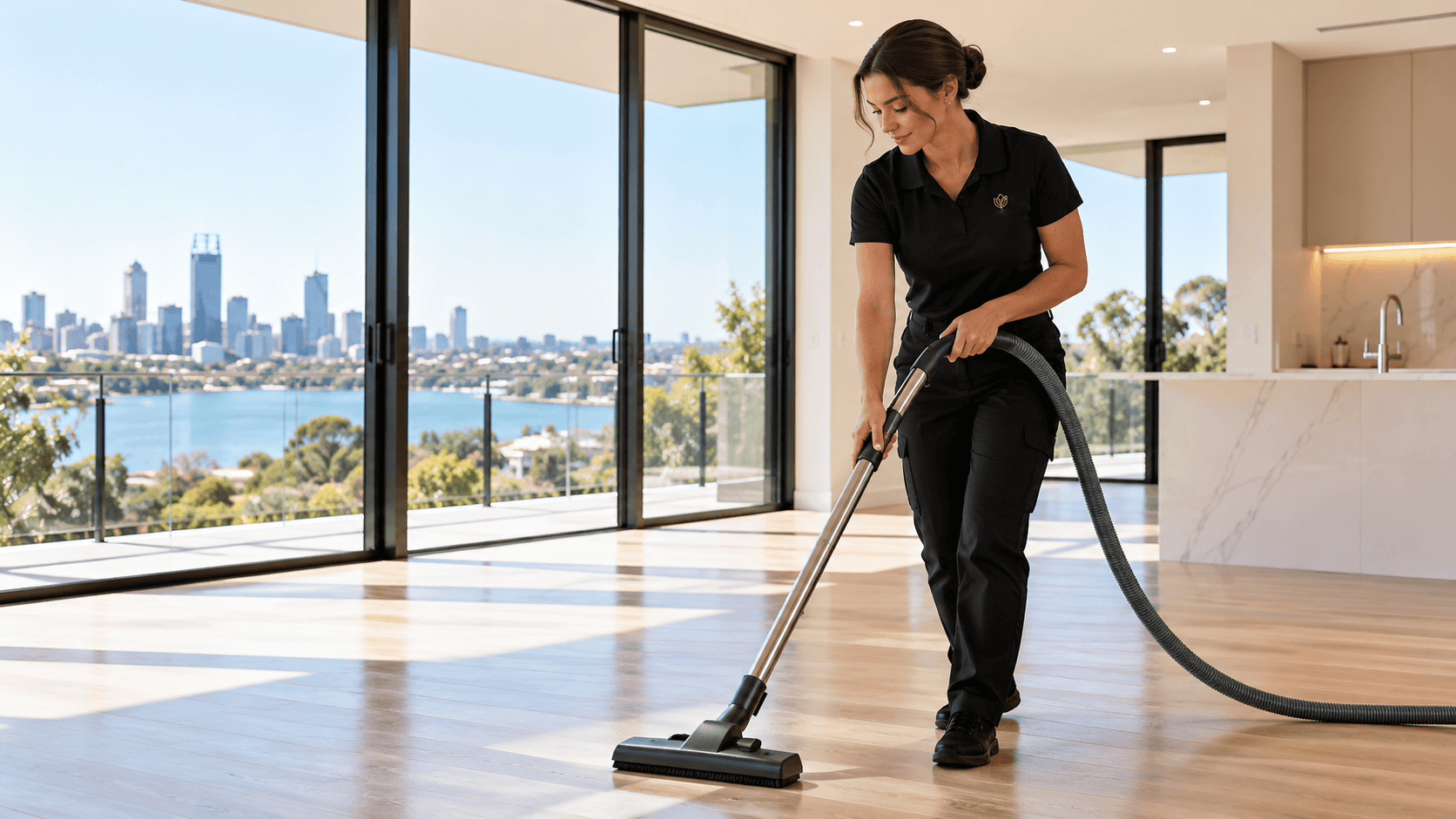 A cleaner vacuuming timber floors in an empty apartment with river views